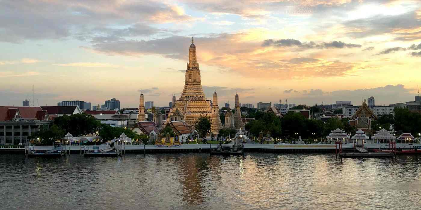 Wat Arun at dusk, seen from across the Chao Phraya River